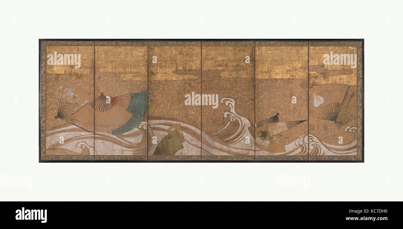 Ventole su onde, 波に扇面流し図屏風, periodo Edo (1615-1868), metà del XVII secolo, Giappone, Sei-piegatura del pannello schermo; inchiostro, colore e foglia oro Foto Stock