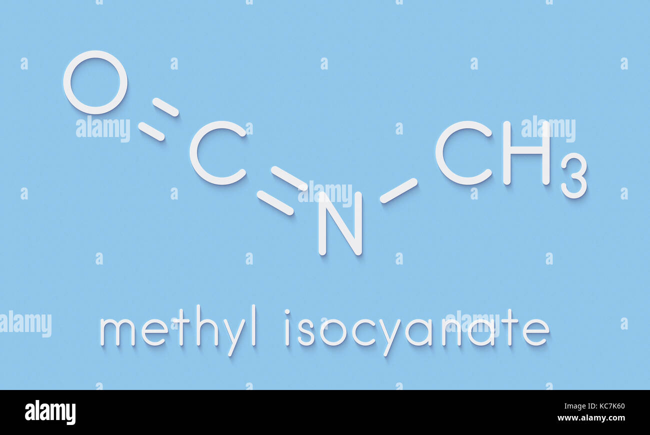 Isocianato di metile (mic) molecola tossica. importante sostanza chimica che è stato responsabile per la morte di migliaia di persone in bhopal disastro. formula scheletrico. Foto Stock