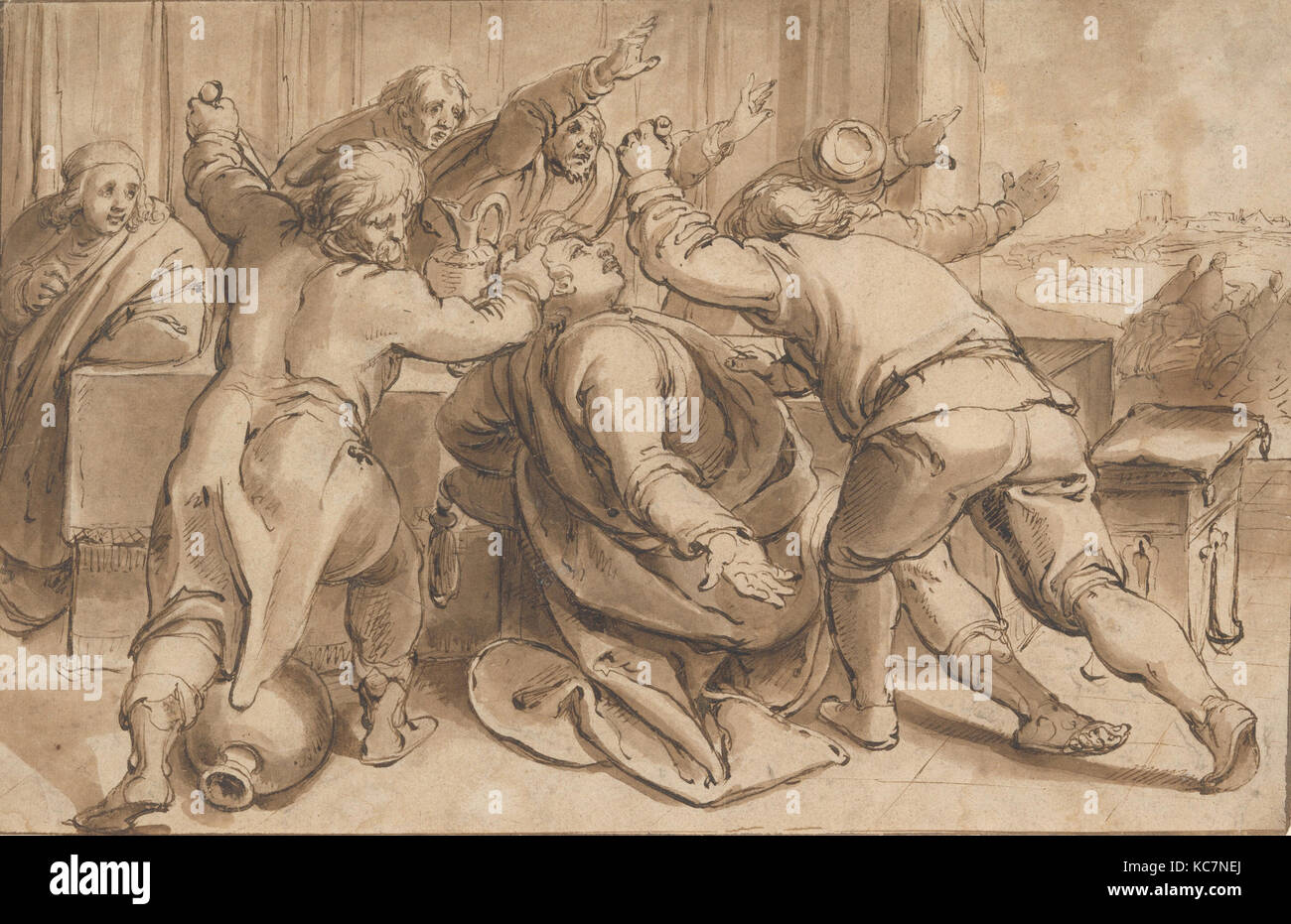 I servi di Assalonne uccidendo Amnon (2 Samuele 13, 28-29); il retro: schizzo di una donna seduta, Karel van Mander IO Foto Stock