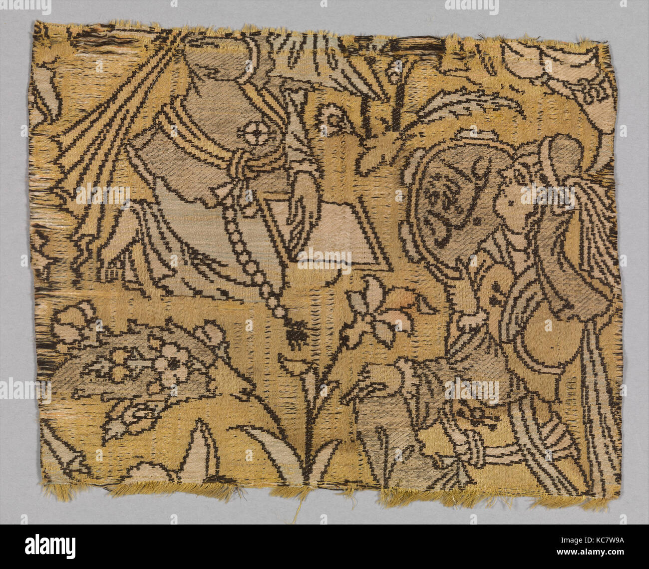 Frammento con un giardino scena, inizio del XVII secolo, attribuito all'Iran, seta, metallo avvolto filo; lampasso, Tessile: H. 7 1/2 in Foto Stock