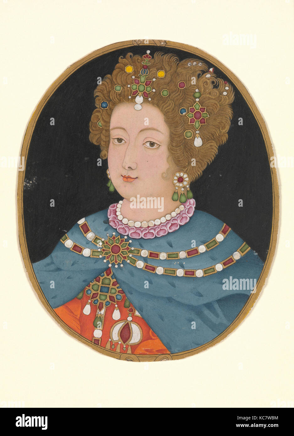 Signora in Elizabethan Costume, tardo XVII secolo, paese d'origine India, probabilmente Lucknow, acquerello opaco, oro e argento Foto Stock