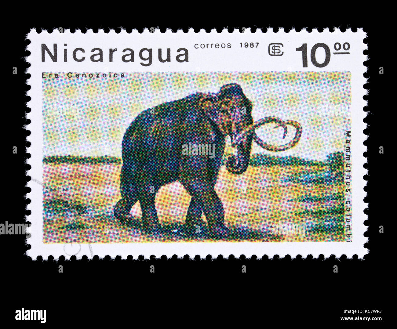 Francobollo dal Nicaragua raffigurante un colombiano di mammoth (Mammuthus columbi) Foto Stock