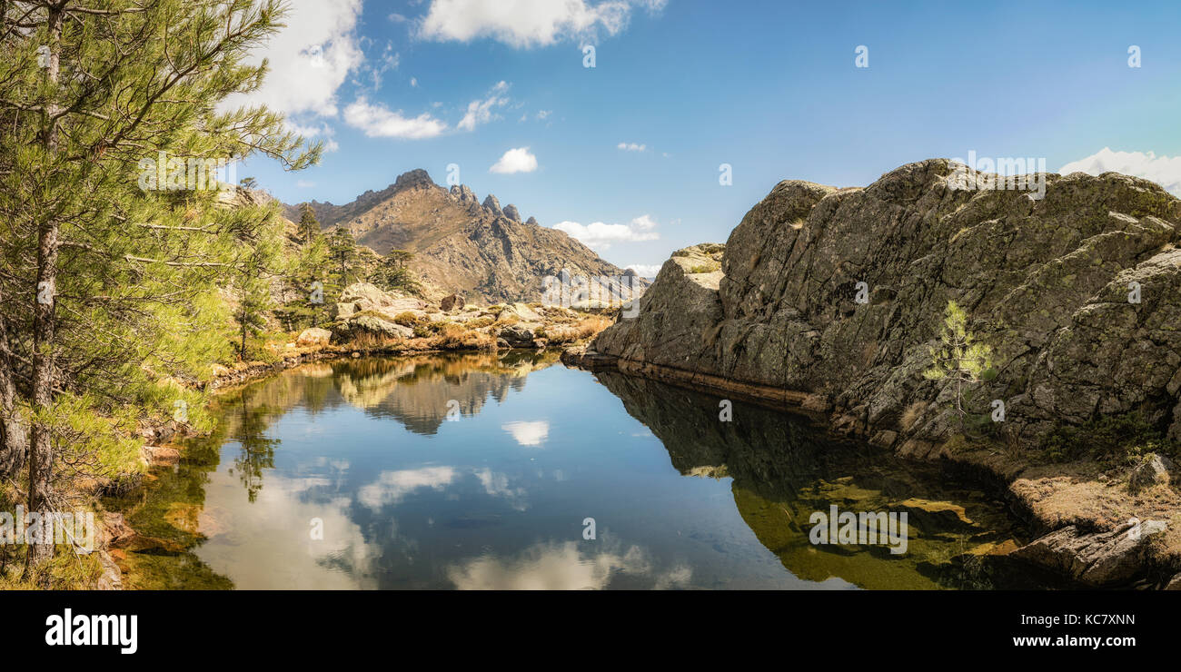 Vista panoramica del piccolo lago di paglia orba circondata da rocce, alberi di pino e montagne vicino al GR20 sentiero escursionistico in Corsica centrale Foto Stock