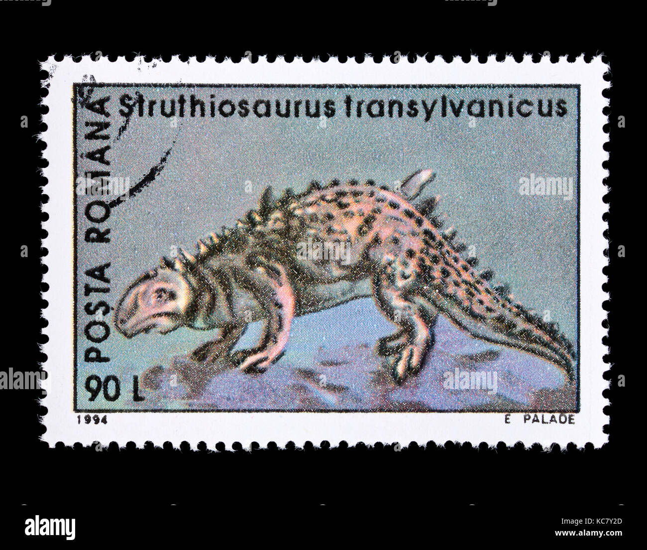 Francobollo dalla Romania raffigurante un Struthiosaurus transylvanicus Foto Stock