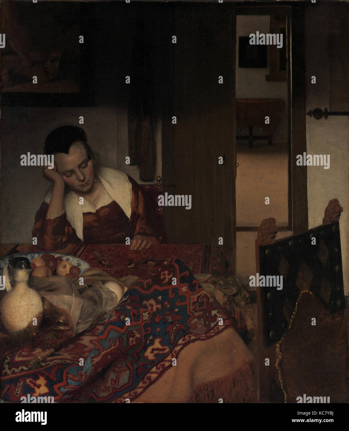 Una cameriera addormentato, ca. 1656-57, olio su tela, 34 1/2 x 30 1/8 in. (87,6 x 76,5 cm), dipinti, Johannes Vermeer (Olandese, Delft 1632 Foto Stock