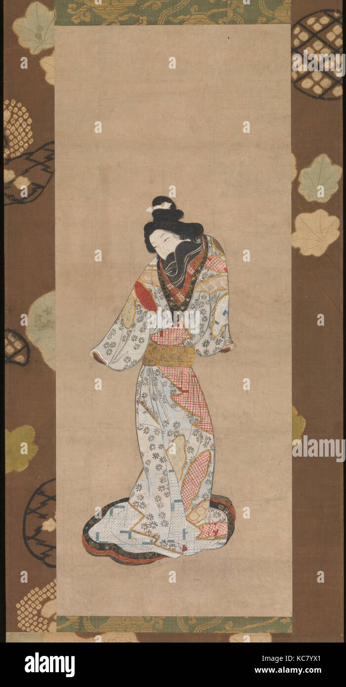 寛文美人図, bellezza dell'epoca Kanbun, periodo Edo (1615-1868), tardo XVII secolo, Giappone, appeso a scorrimento, inchiostro, colore e oro su carta Foto Stock