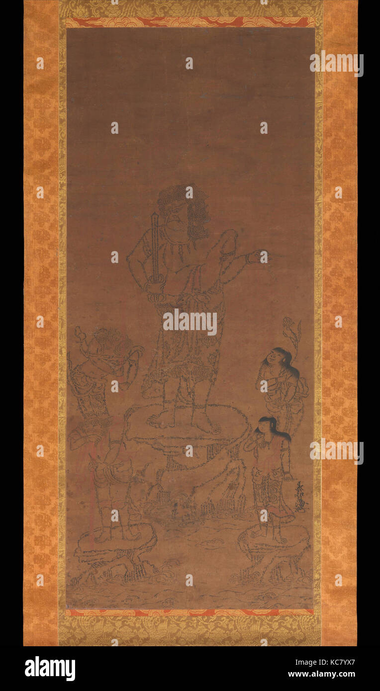 不動明王四童子種字像, Fudō Myōō con quattro operatori, delineato nel seme sillabe, Chikai, XV secolo Foto Stock