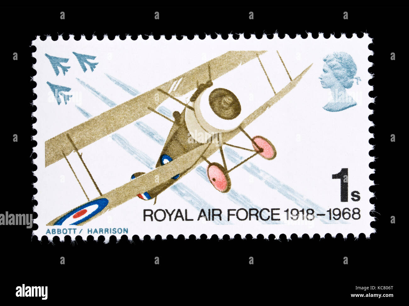 Francobollo dalla Gran Bretagna che raffigura un biplano e moderni aerei da combattimento, 50-esimo anniversario della Royal Air Force. Foto Stock