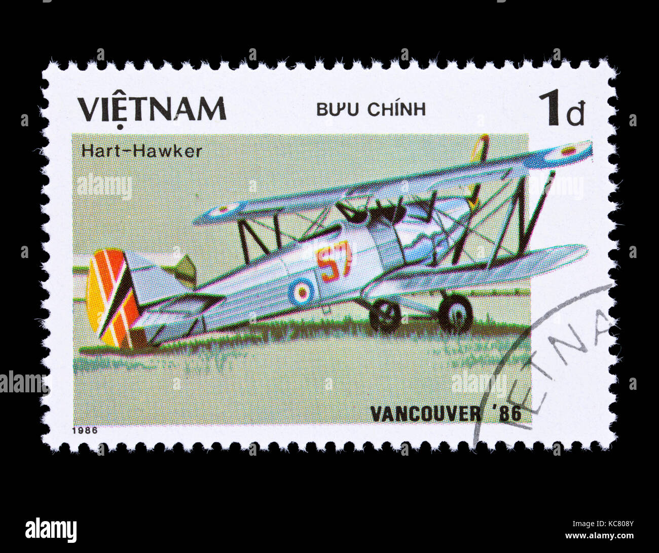 Francobollo dal Vietnam raffigurante un biplano Hart-Hawker. Foto Stock