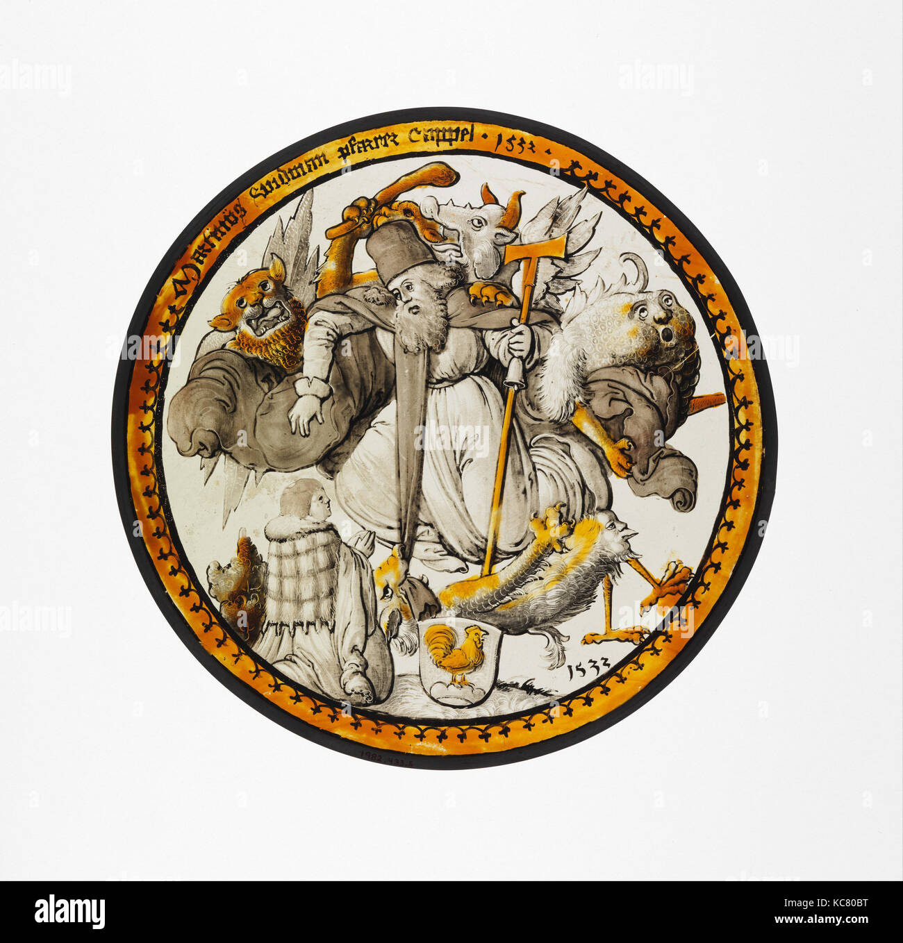 Roundel con la Tentazione di Sant Antonio, 1532, realizzato in Svevia, Tedesco, vetro incolore, vernice vetrosa e colorazione con argento Foto Stock