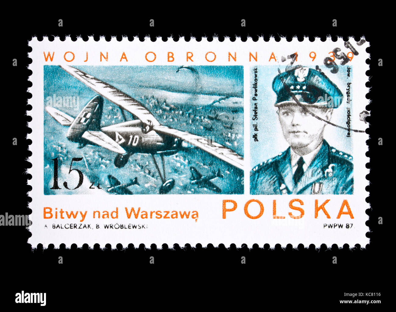 Francobollo dalla Polonia raffiguranti pilota Pawlikowski Stefan e la guerra mondiale 2 battaglie aeree su Varsavia Foto Stock