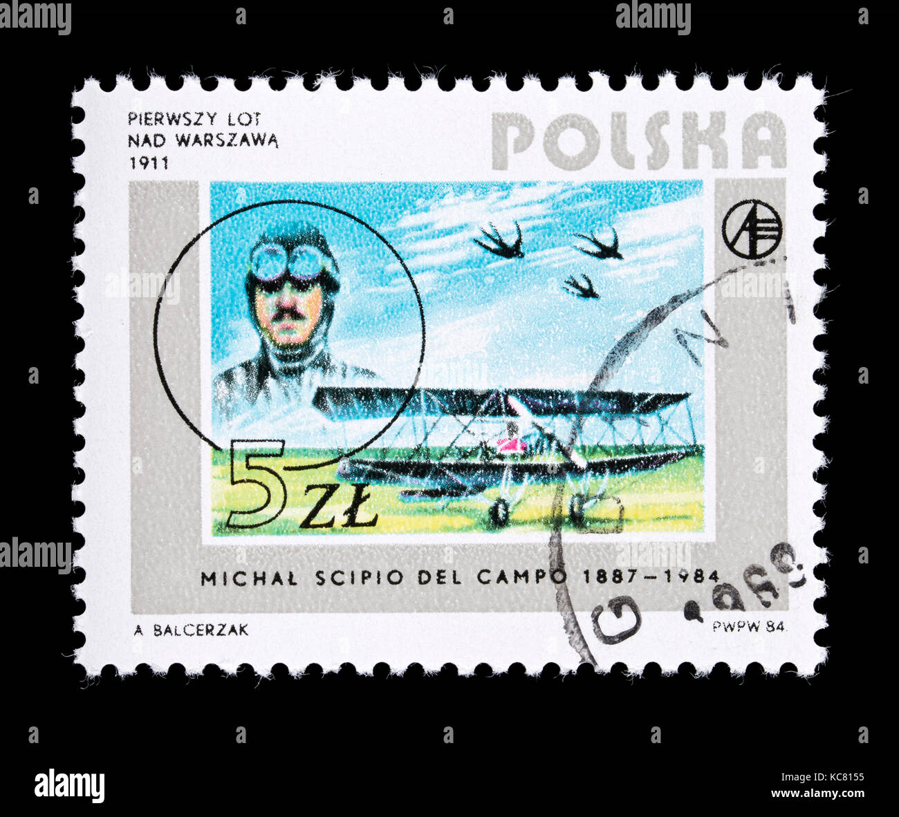 Francobollo dalla Polonia raffigurante il volo e all'inizio del velivolo. Foto Stock