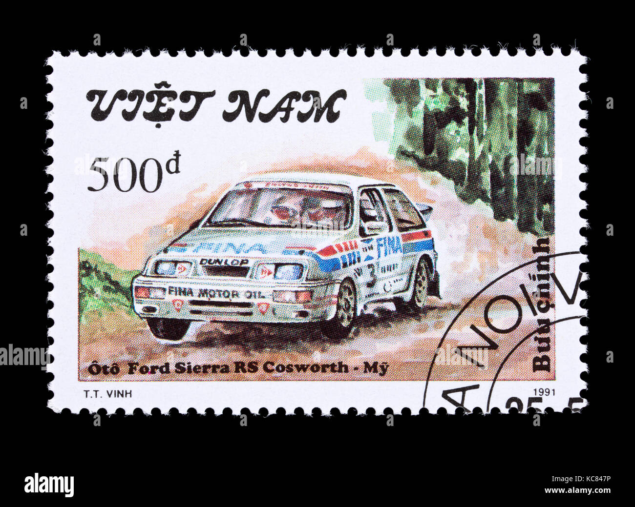 Francobollo dal Vietnam raffigurante una Ford Sierra Cosworth RS off-road rally car. Foto Stock