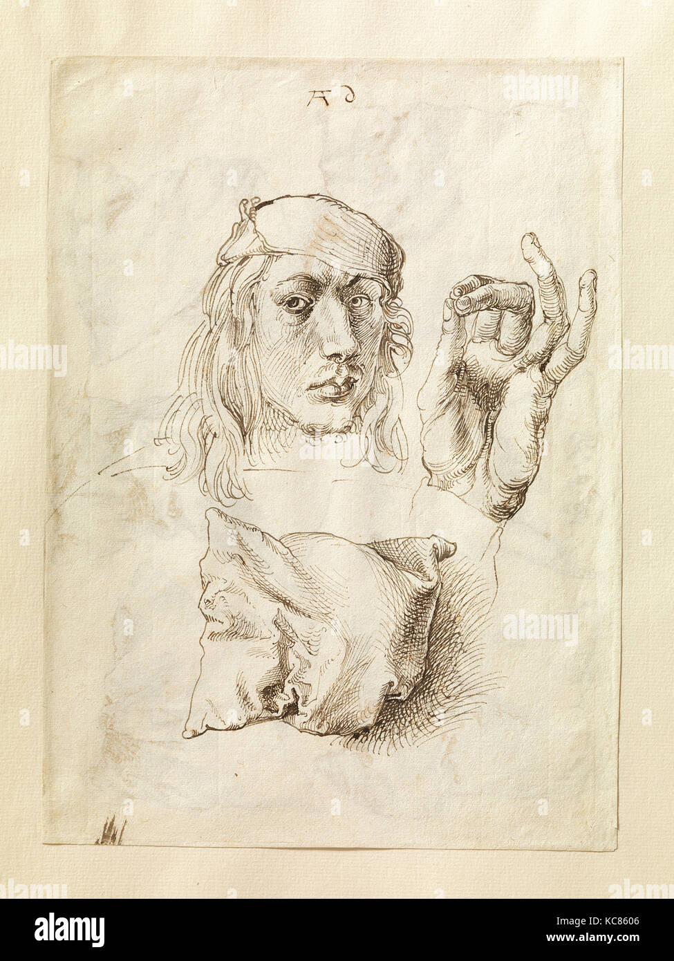 Self-portrait, lo studio di una mano e un cuscino (recto); sei studi di cuscini (verso), Albrecht Dürer, 1493 Foto Stock