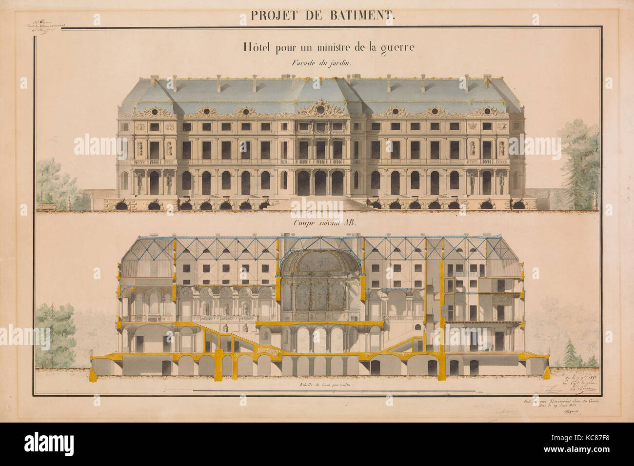 Progetto per la realizzazione di una sede di un ministero di guerra, 1853, penna e inchiostro e acquerello, 23 5/8 x 34 15/16 in. (60 x 88,7 cm Foto Stock