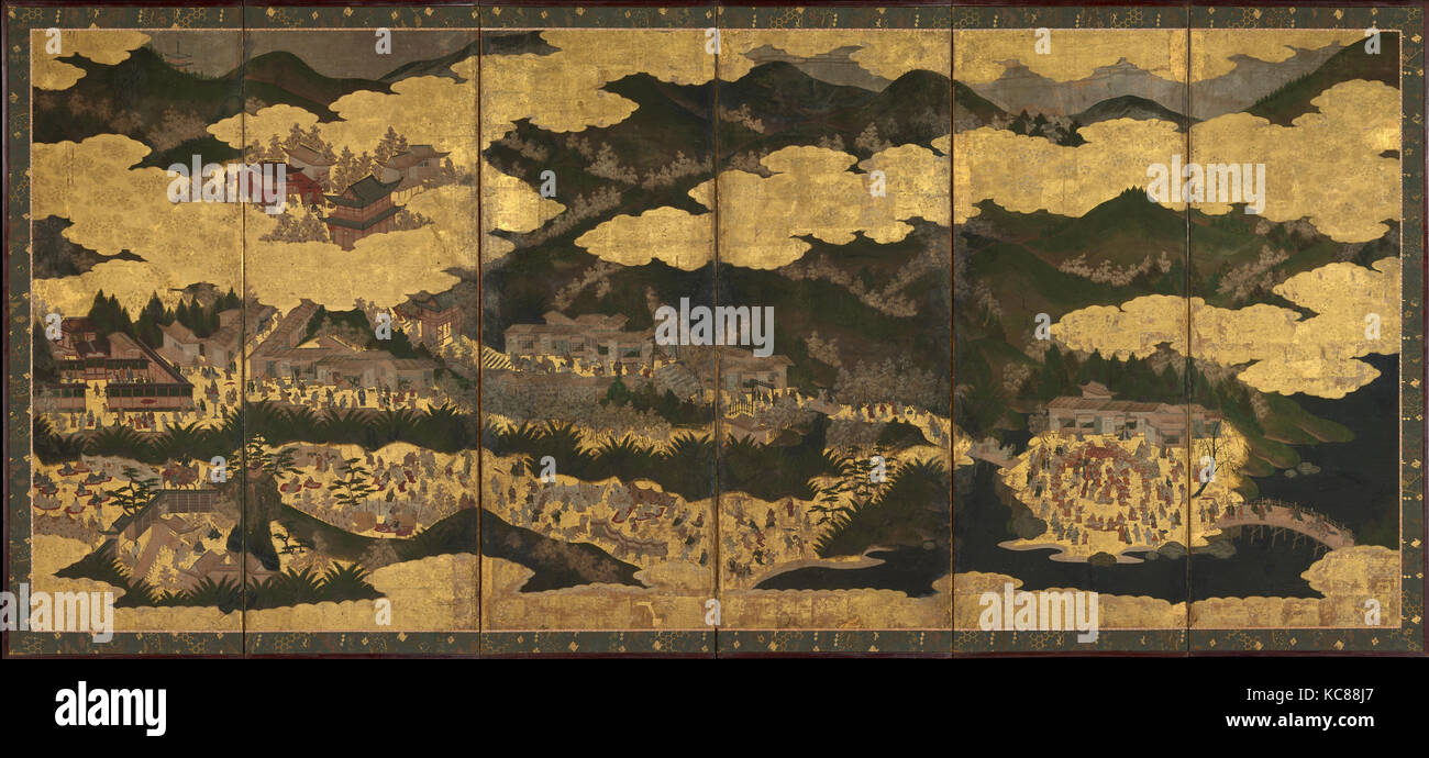 厳島吉野花見図屏風, Cherry Blossom visualizzazione in Itsukushima e Yoshino, prima metà del XVII secolo Foto Stock