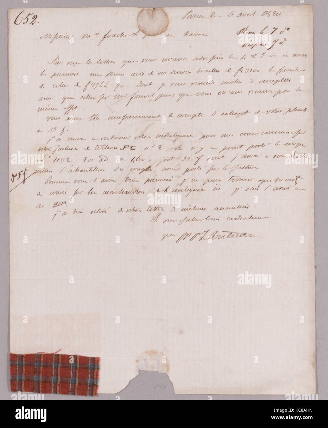 Lettera con campioni tessili, fine del XVIII inizio del XIX secolo Foto Stock