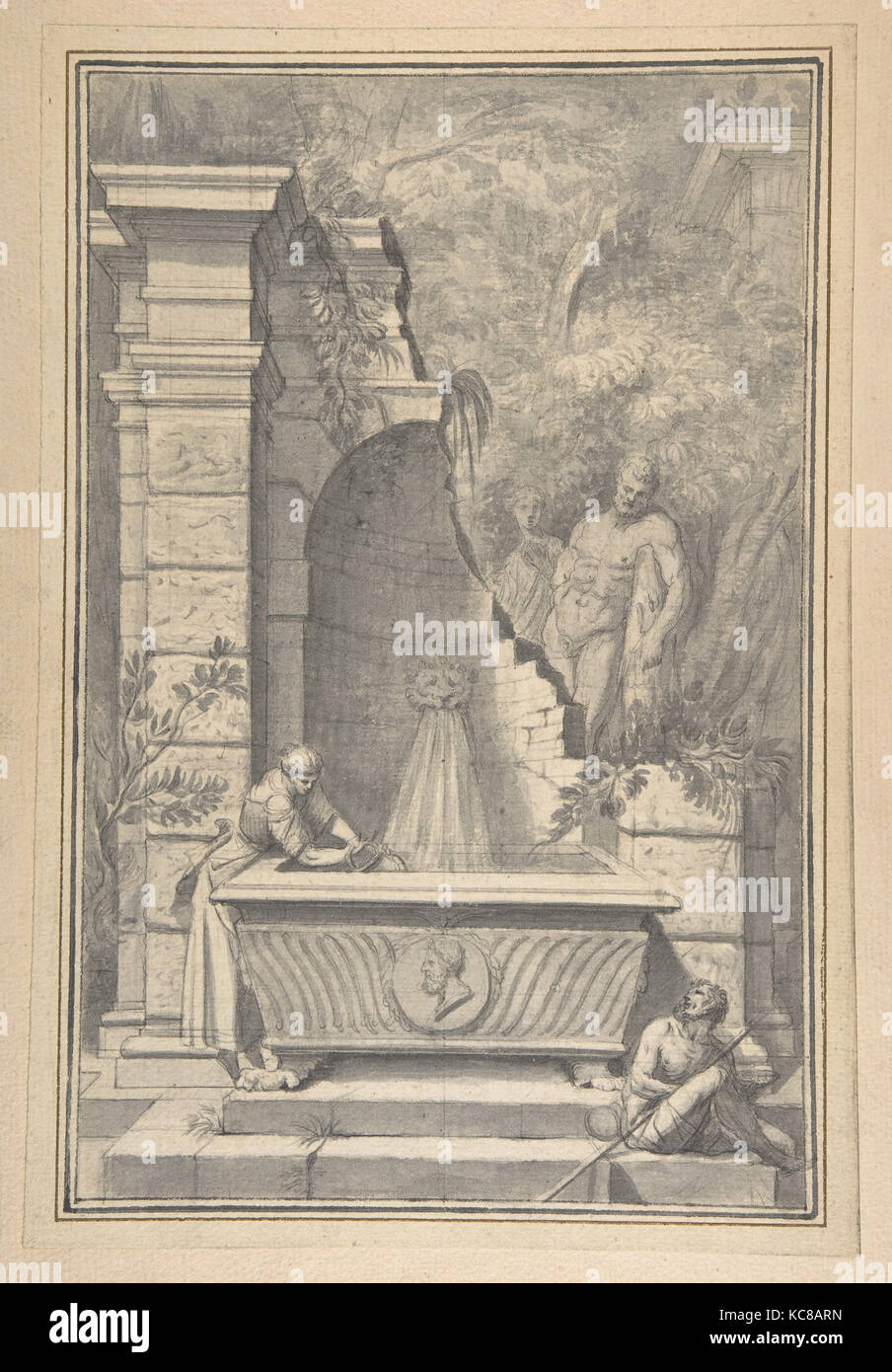 Una donna ad una fontana di un tempio in rovina, il Farnese Hercules in background, Johannes Antiquus, XVIII secolo Foto Stock