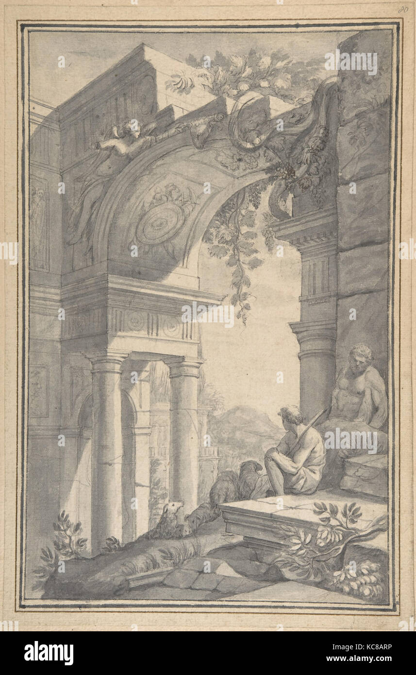Un pastore sotto un arco in rovina con l'Ercole Farnese, Johannes Antiquus, XVIII secolo Foto Stock