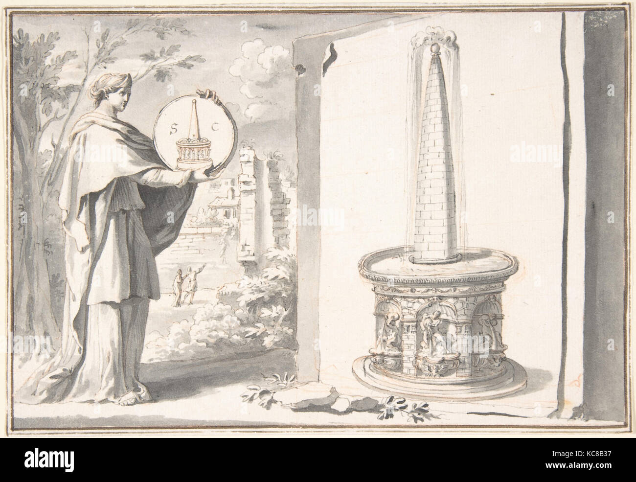 Figura femminile in possesso di una moneta e di immagine di una fontana, Jan Goeree, prima del 1704 Foto Stock