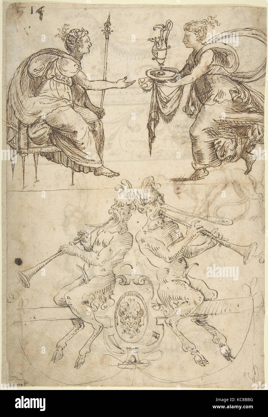 Foglio con disegni multipli: Figurative scena con due donne (top) e due satiri giocando le corna, seduti nella parte posteriore (in basso Foto Stock
