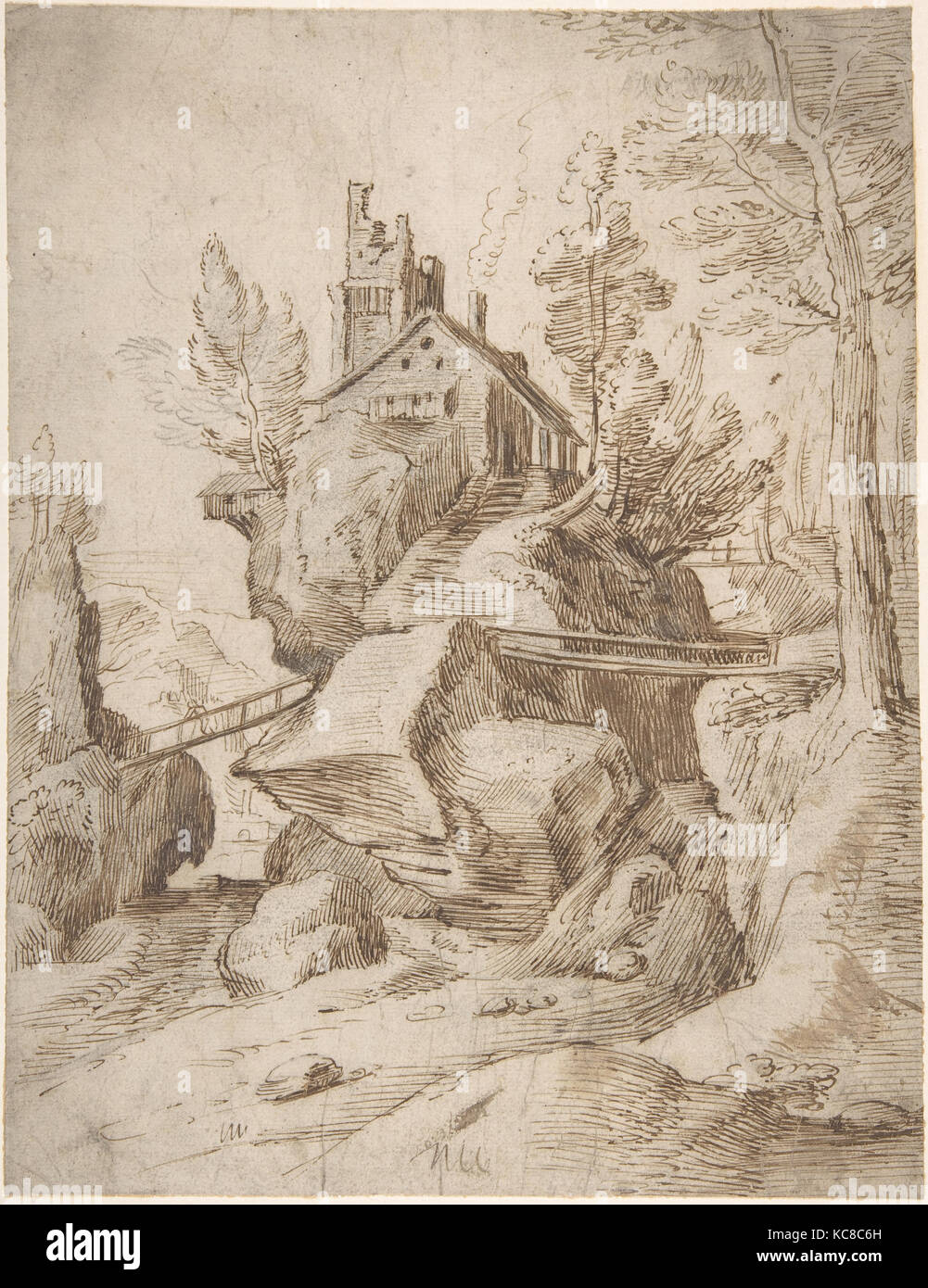 Fantastico paesaggio roccioso con una casa colonica e tre piedi ponti, anonimo, Netherlandish, XVI secolo Foto Stock