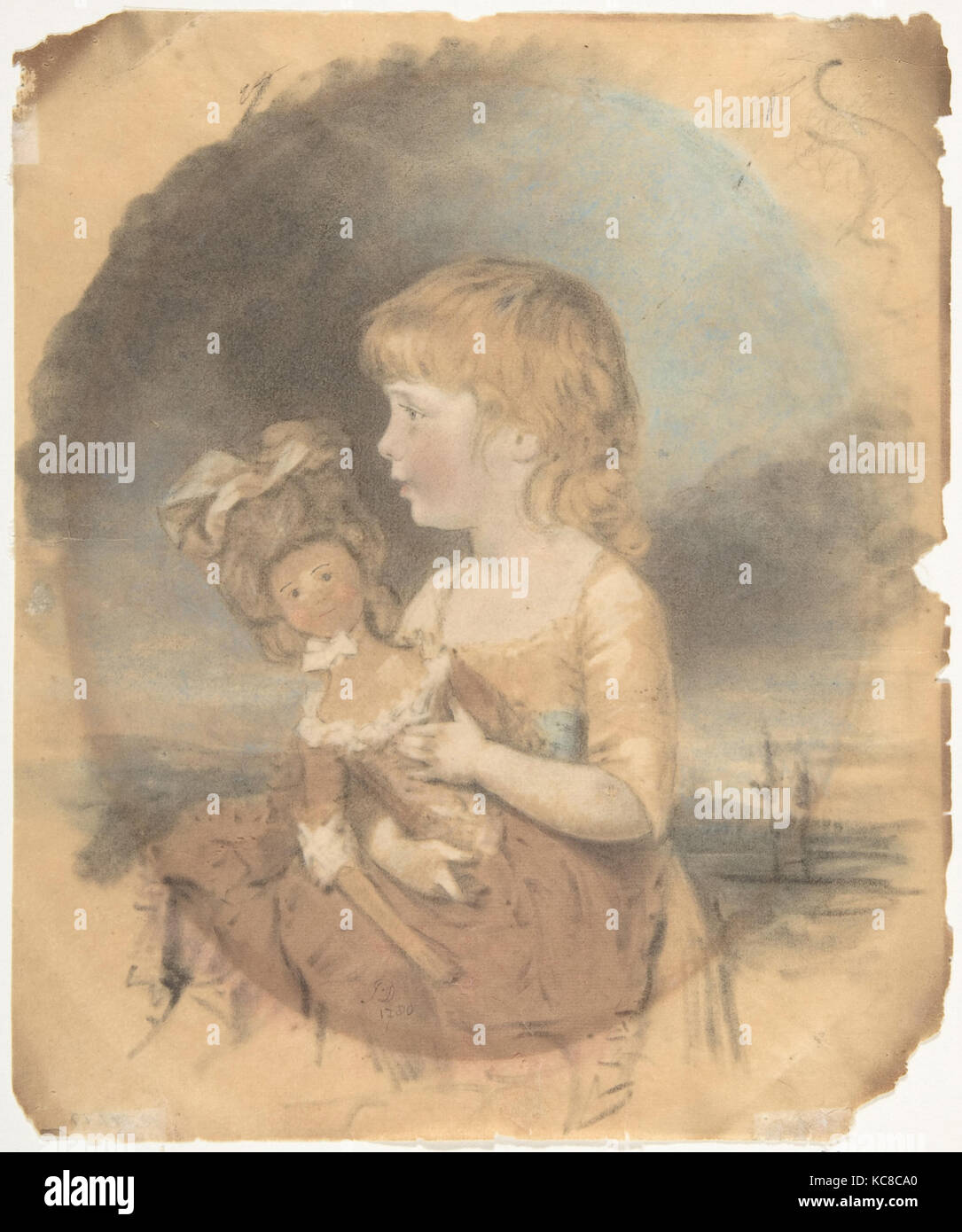 Bambino in possesso di una bambola, 1780, acquerello, pastello su grafite, foglio: 9. × 7 7/16 in. (22,9 × 18,9 cm), disegni, John Downman Foto Stock