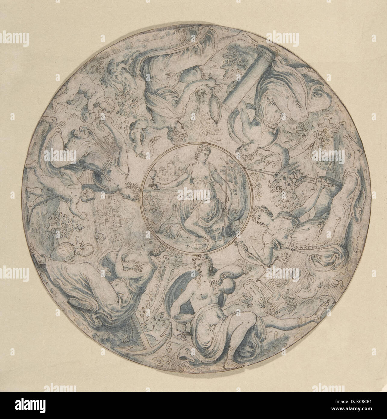 Le Sette Virtù in un Roundel, con fede al centro, Jan Collaert I, metà del XVI secolo Foto Stock