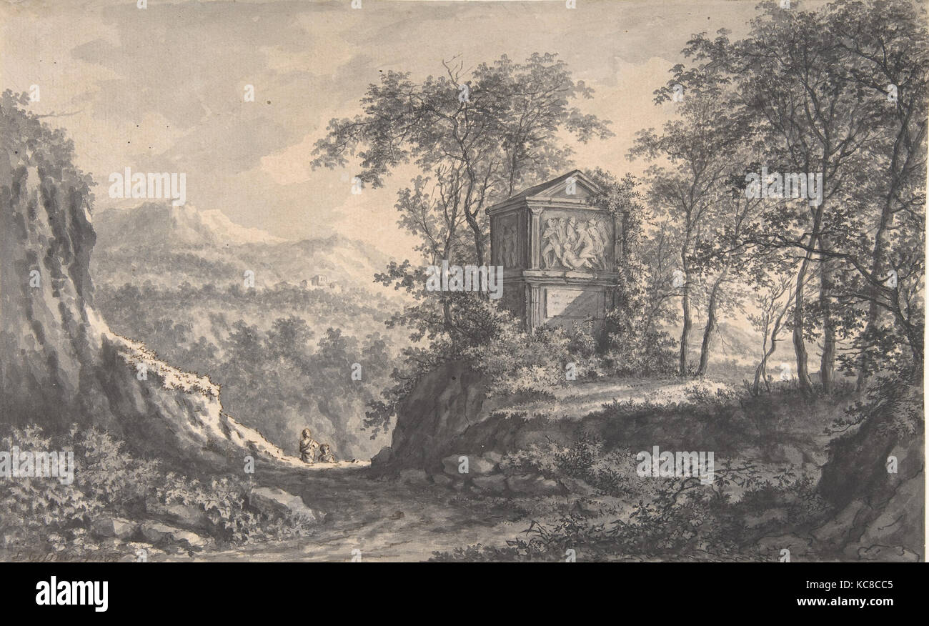 Paesaggio con un antico sepolcro e due viandanti, Salomon Gessner, 1768 Foto Stock