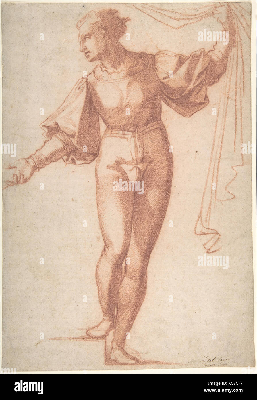 Studio per una standing giovane uomo, sollevando una tenda e guardando a sinistra, Baccio Bandinelli, 1518-19 Foto Stock