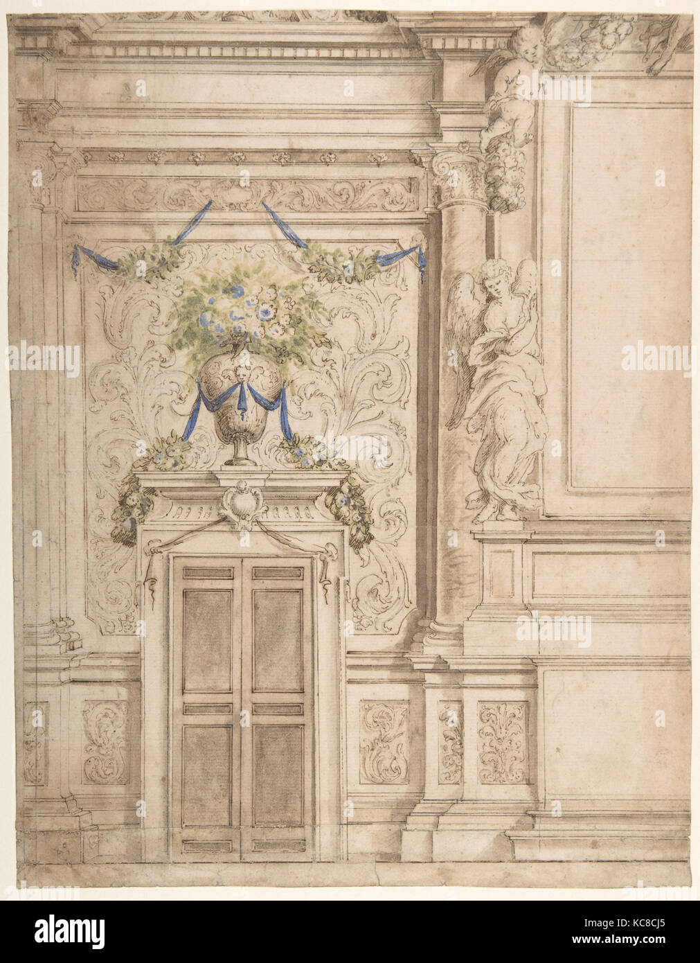 Parte della decorazione murale per una chiesa, porta a sinistra, 1/2 pala d altare a destra, attribuita a Francesco Ferrari, 1634-1708 Foto Stock