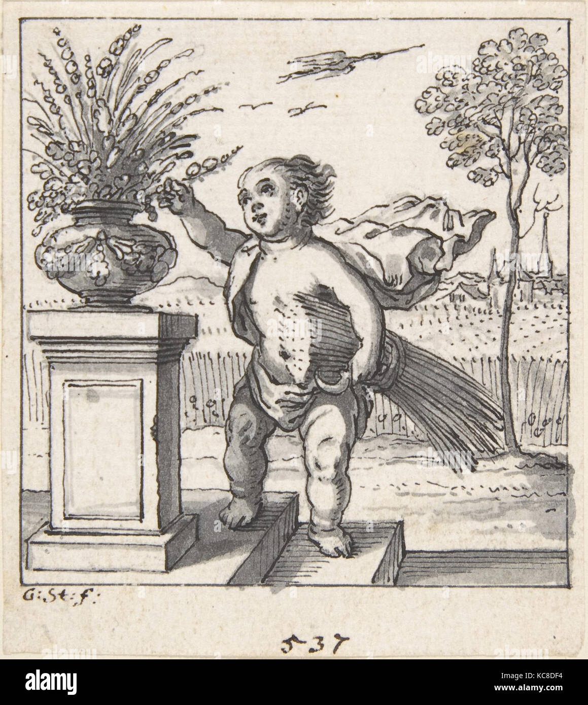Design per un emblema con un bambino a caccia di fiori, Georg Strauch, 1633-75 Foto Stock