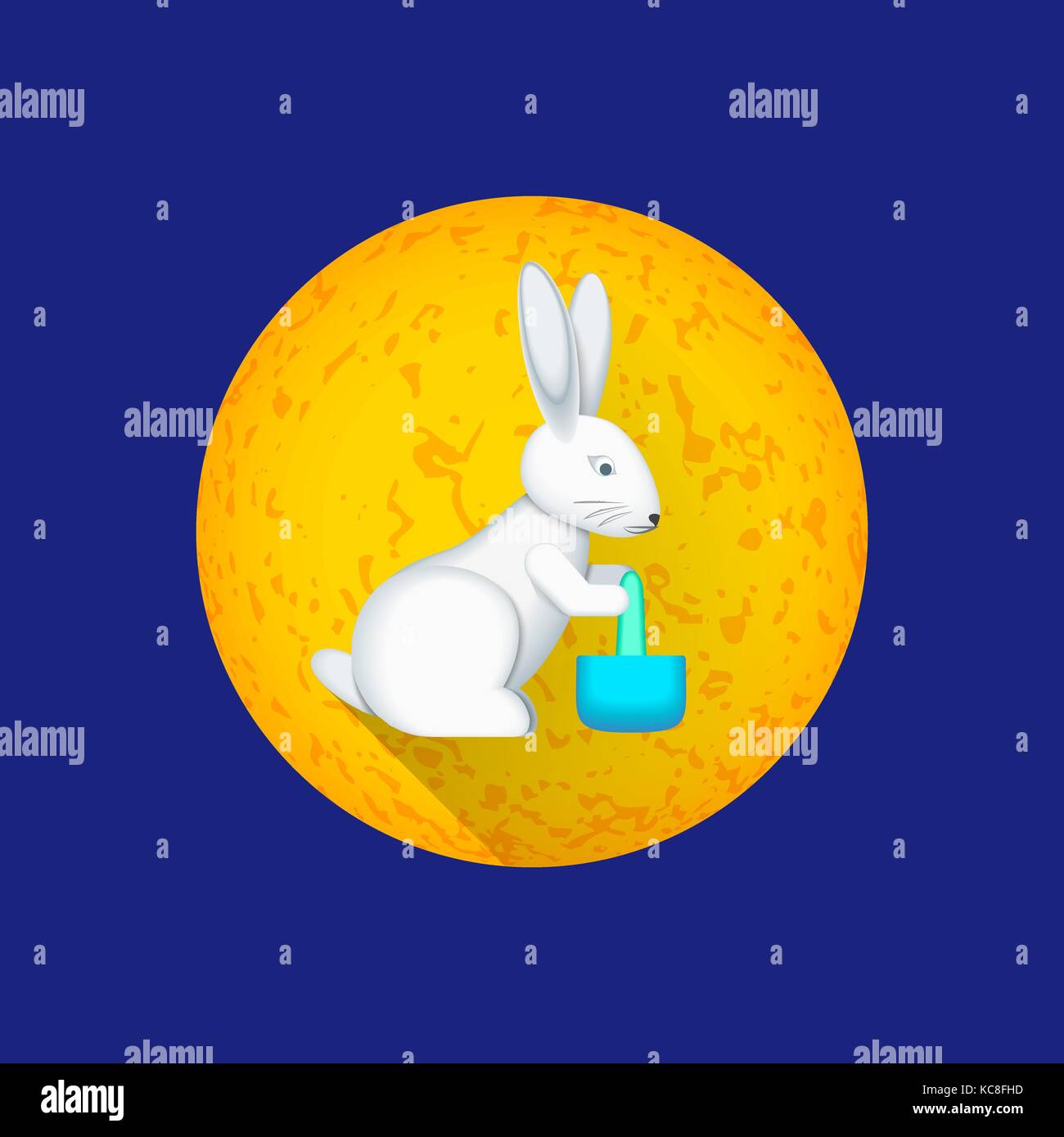 Vettore cartolina colorato design cinese tradizionale luna coniglio con pestello elisir di lunga vita in un mortaio e illustrazione luna gialla sullo sfondo del cerchio Illustrazione Vettoriale
