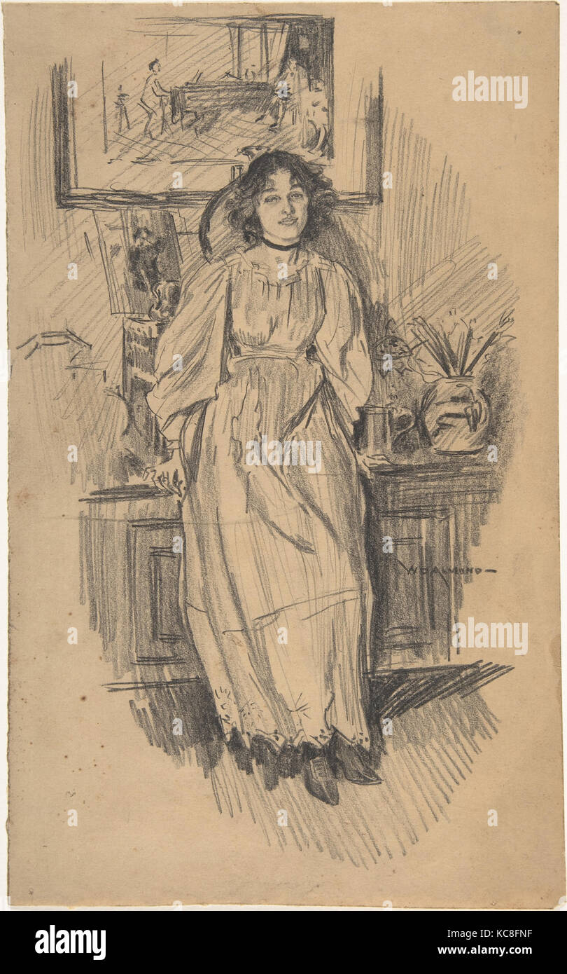 Giovane donna appoggiata contro un armadio basso in Artist's Studio, William Douglas mandorla, fine XIX-inizio XX secolo Foto Stock