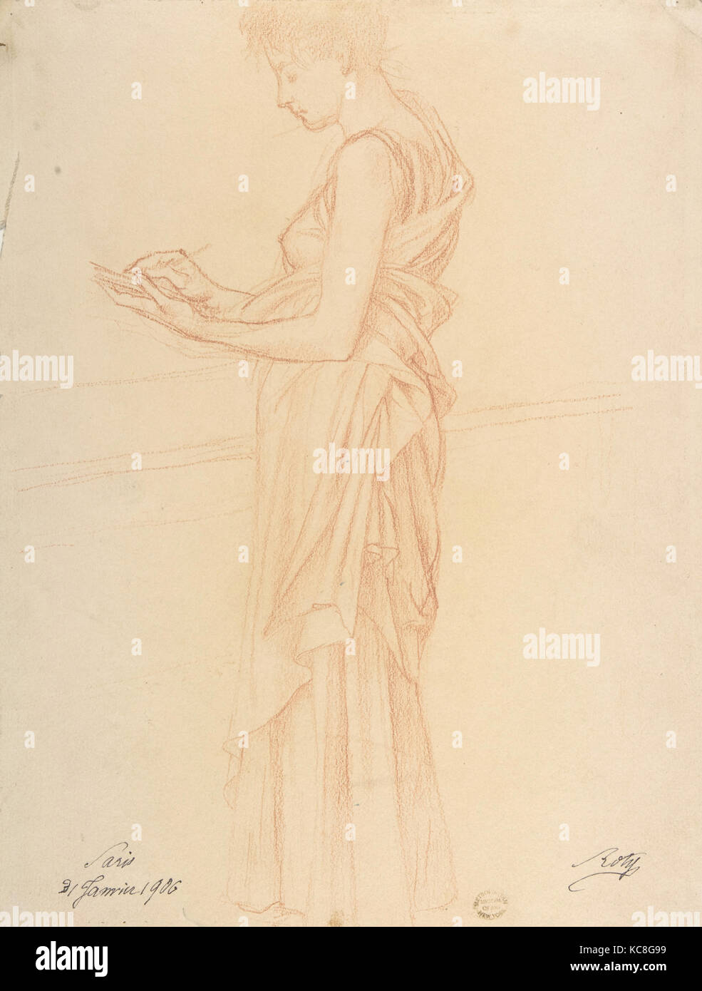 Studio di una donna, 1906 gesso rosso, 12 3/4 x 9 3/8 in. (32,4 x 23,8 cm), disegni, Louis-Oscar Roty (francese, Parigi 1846-1911 Foto Stock