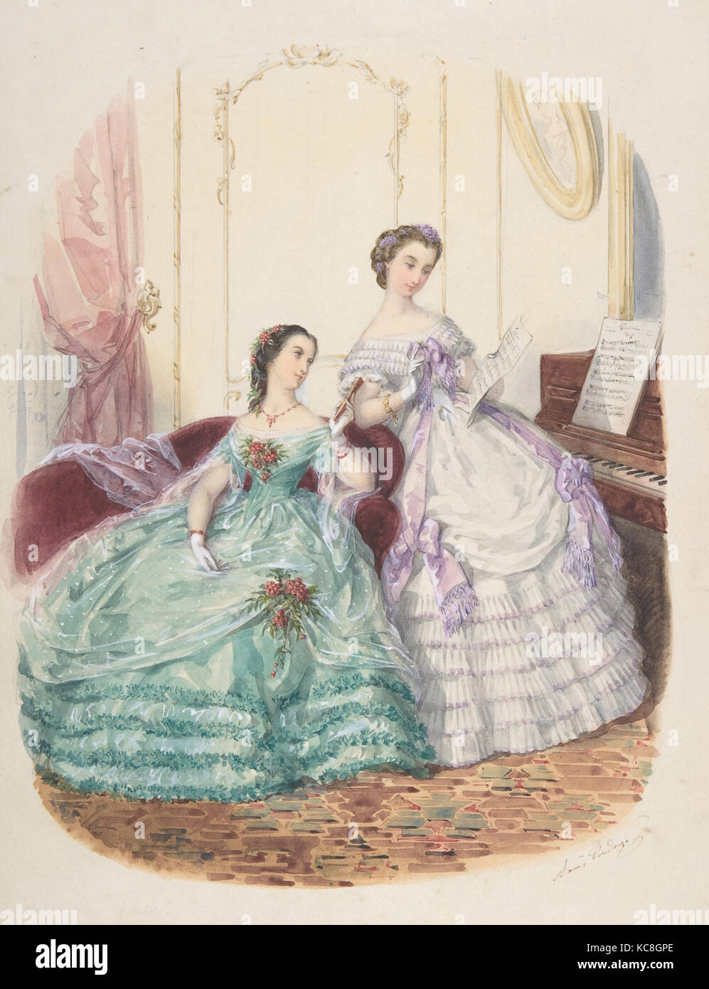 Fashion Studio: due donne in abito da sera, Adèle-Anaïs Toudouze, ca. 1860 Foto Stock