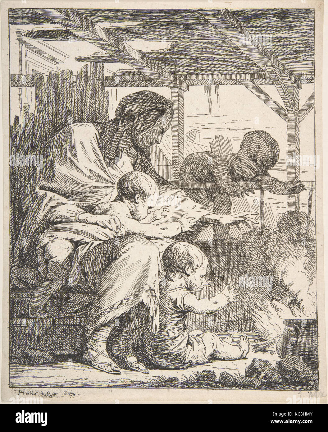 Famiglia riscalda le loro mani da un incendio, Noël Hallé, XVIII secolo Foto Stock
