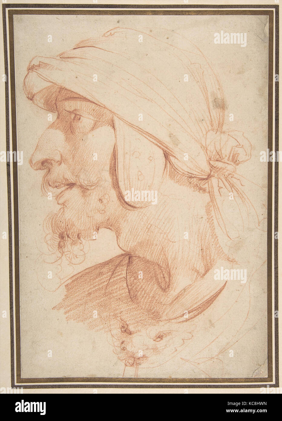 Testa di guerriero, 1597-1601, gesso rosso, 11 1/8 x 7 5/8a. (28.2 x 19.4cm), disegni, Cavaliere d'Arpino (Giuseppe Cesari Foto Stock