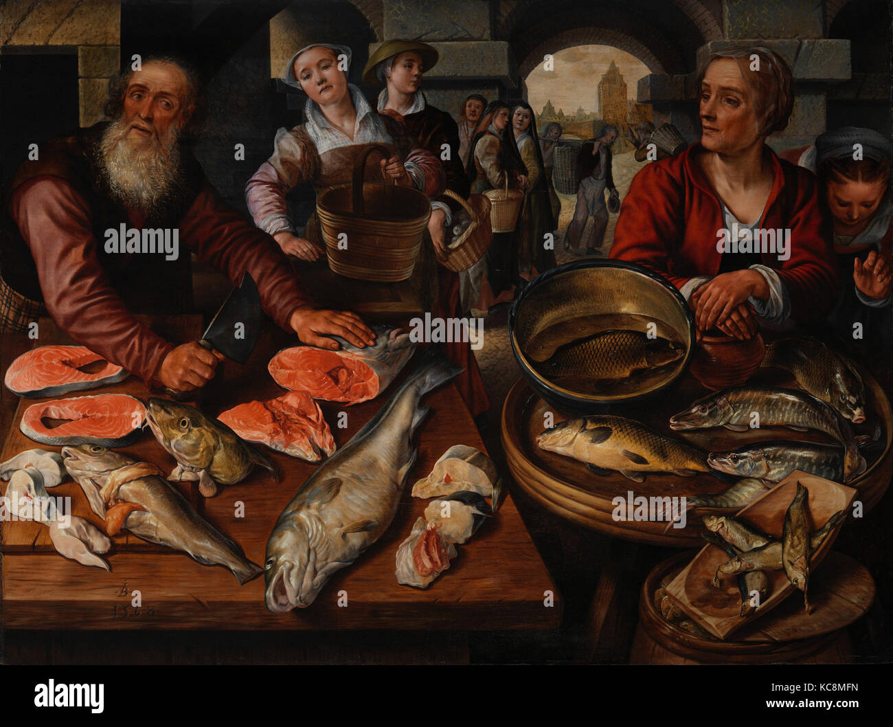 Mercato del Pesce, 1568, olio su Baltic oak, 50 3/8 × 68 1/2 in. (128 × 174 cm), dipinti, Joachim Beuckelaer (Netherlandish, Anversa Foto Stock