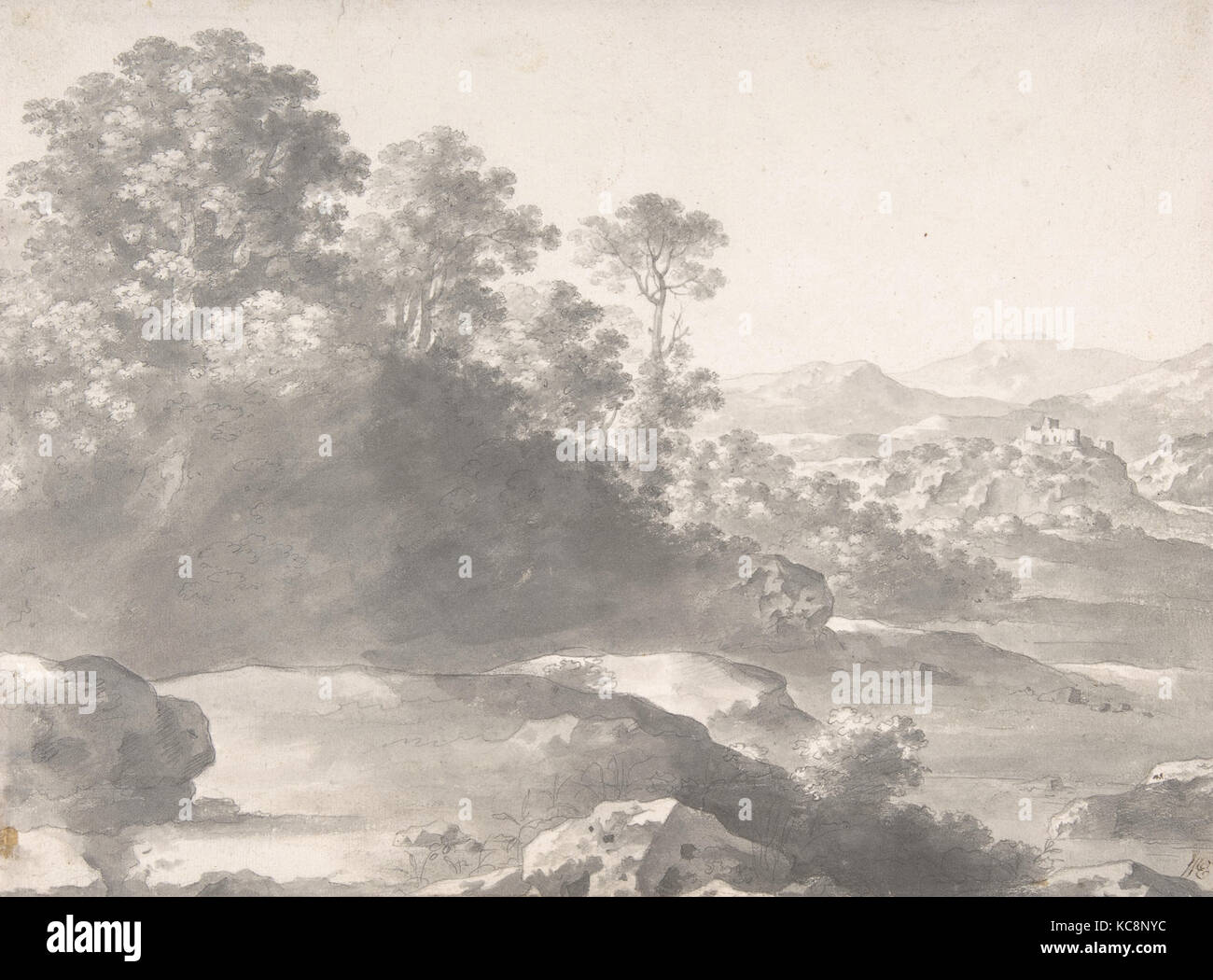 Paesaggio, 1609-67, spazzola e grey wash oltre gesso nero, foglio: 9 3/16 x 12 7/16 in. (23,3 x 31,6 cm), disegni, Cornelis van Foto Stock