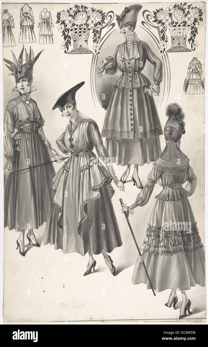 Disegni per quattro vestiti da donna con piena gonne, attribuito a A. Foa, ca. 1915 Foto Stock