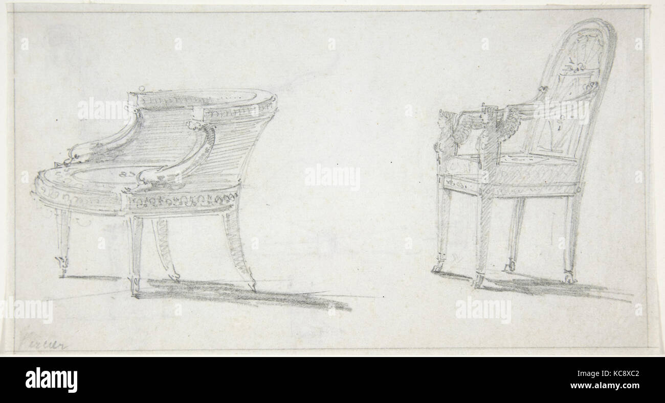 Studi per due poltrone (recto); schizzi per tre sedie e parti di un quarto (verso), il modo di Charles Percier, ca. 1800 Foto Stock