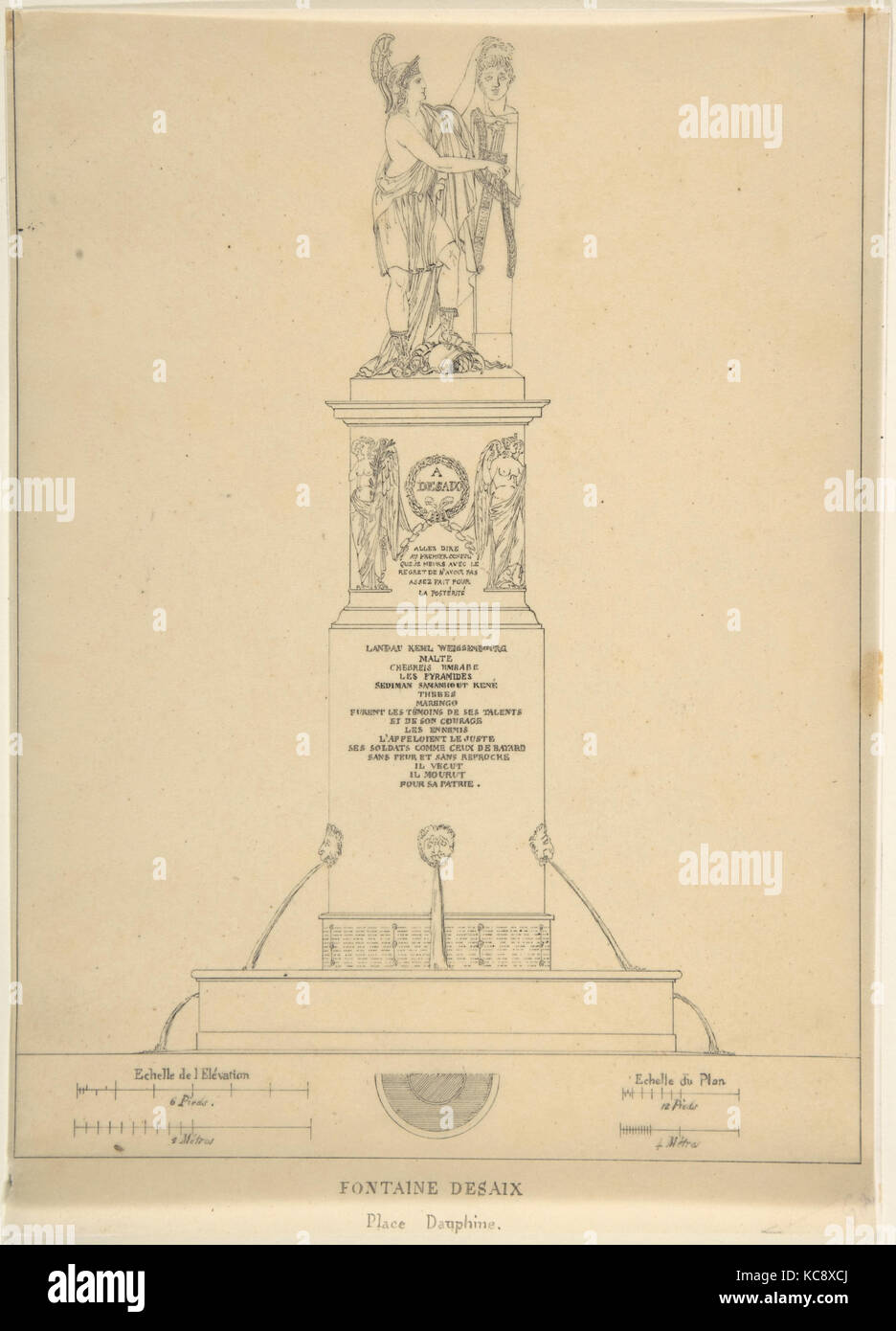 Fontaine Desaix, penna e inchiostro nero su carta da ricalco, 9 13/16 x 7 1/16 in. (25 x 17,9 cm.), disegni, Charles Percier (Francese Foto Stock