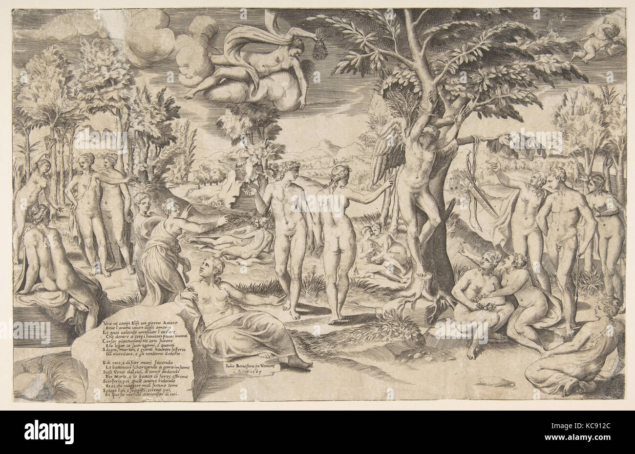 Cupido nell'Elysian campi legati a un albero nel centro, circondato il mio molte figure, Giulio Bonasone, 1563 Foto Stock