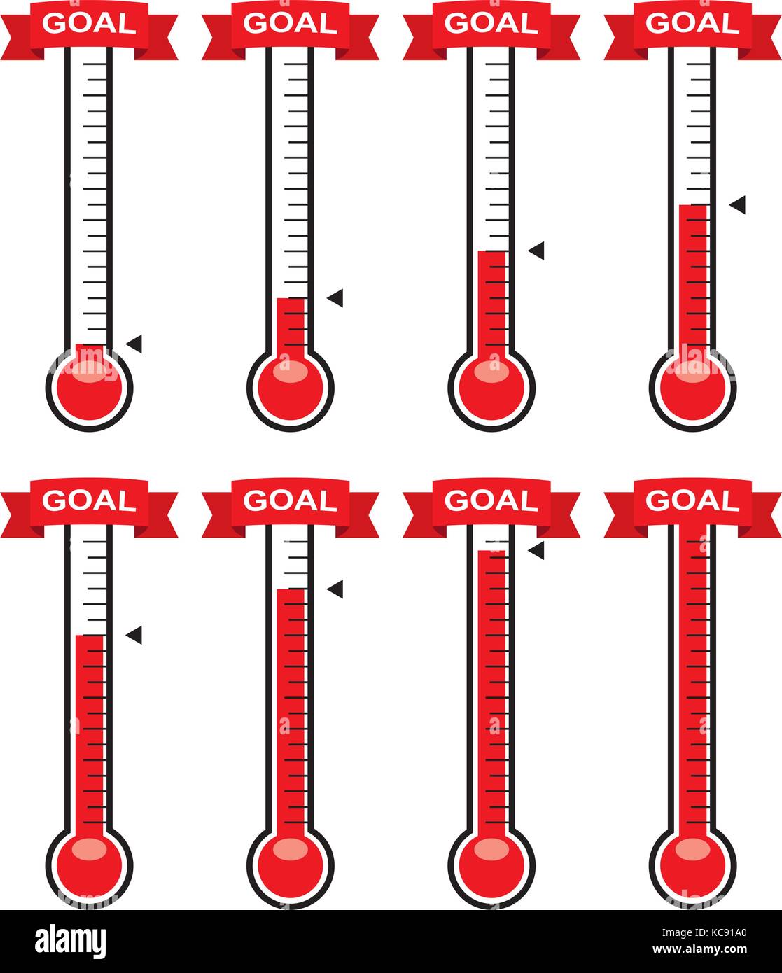 Obiettivo di vettore di termometri a diversi livelli. donazione per ottenere o obiettivi di beneficenza Illustrazione Vettoriale