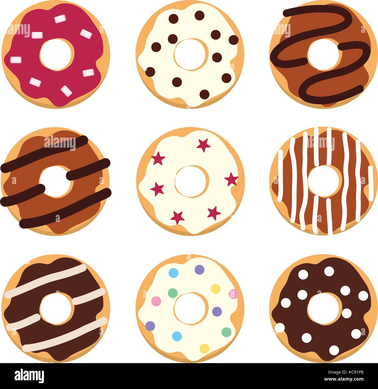 Vettore appartamento moderno icone di stile di vetrate ciambelle colorate con la glassa di cioccolato e spruzza, ciambelle isolato su sfondo bianco. semplice ciambella ico Illustrazione Vettoriale