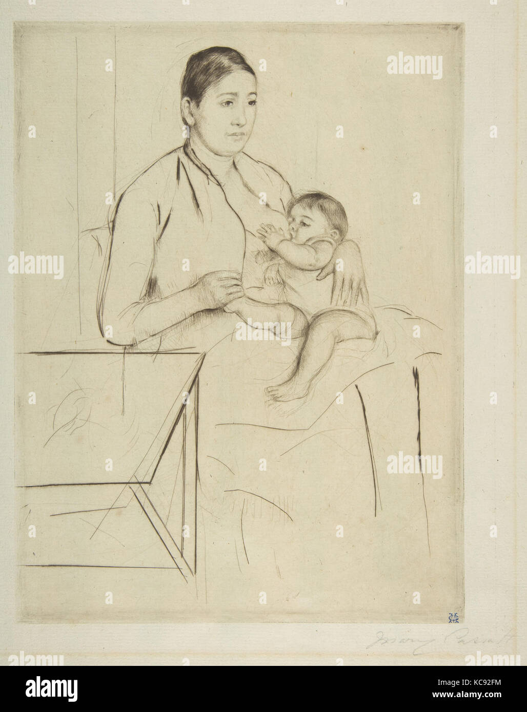 Assistenza infermieristica, ca. 1890, puntasecca; Stato terzo di tre, Piastra: 9 3/8 x 7 in. (23,8 x 17,8 cm), stampe, Mary Cassatt (American Foto Stock