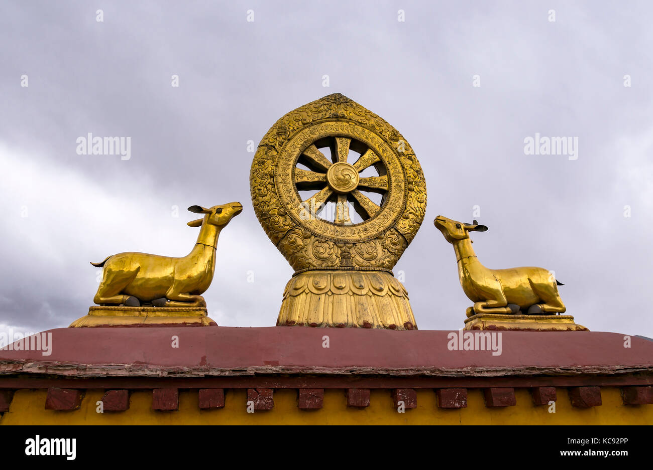 Sul tetto ruota di Dharma in Jokhang Tempio - Lhasa, in Tibet Foto Stock