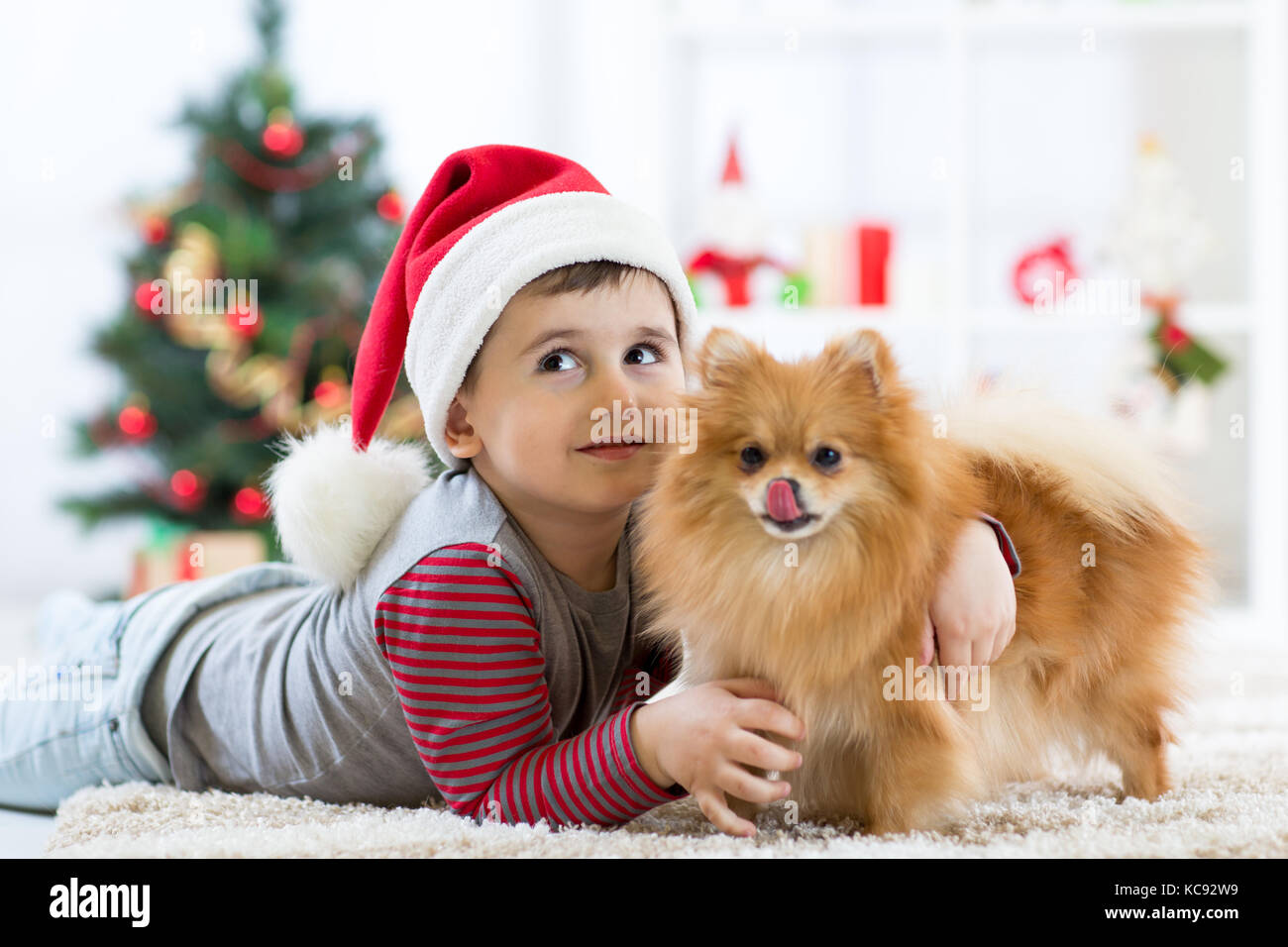 Bambino e cane godendo di coccole in tempo di Natale Foto Stock