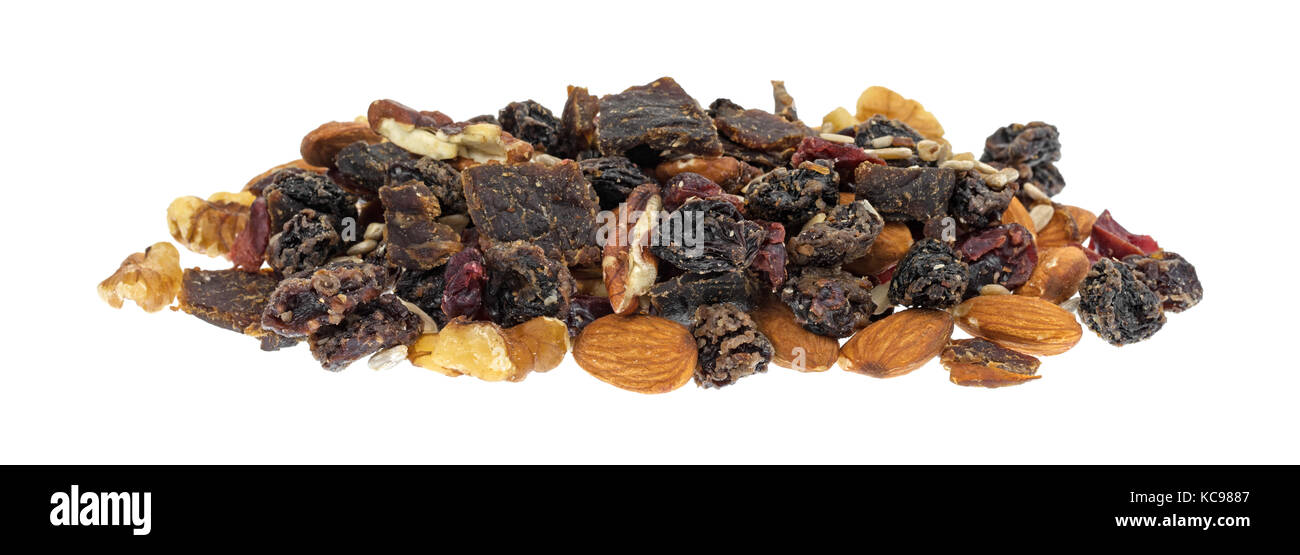 A che serve di Beef Jerky trail mix isolato su uno sfondo bianco. Foto Stock